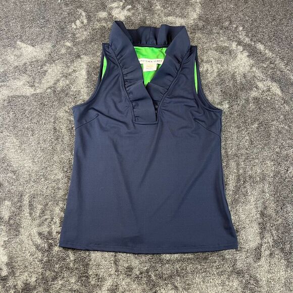 gretchen scott Tops - Gretchen Scott Ruffle Neck Blouse Navy Blue Sleeveless Coastal Women's XS